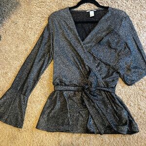 H&M Shimmering Navy and Silver Wrap Top